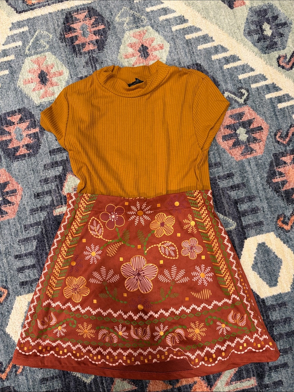 Amy Byer Mustard Ribbed Top with Rust Floral Embroidered Skirt-worn twice